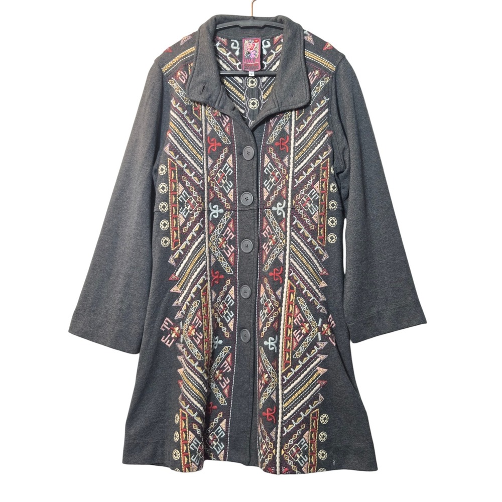 Johnny Was JWLA Embroidered Button Front Military Jacket Gray L Boho Statement